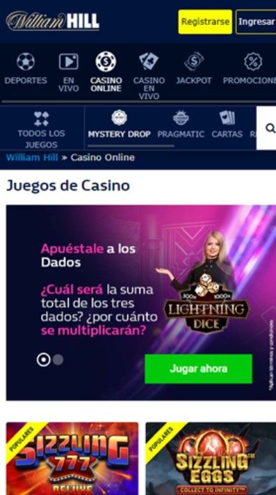 Se aprecia la sección de casino, casino en vivo y apuestas en vivo