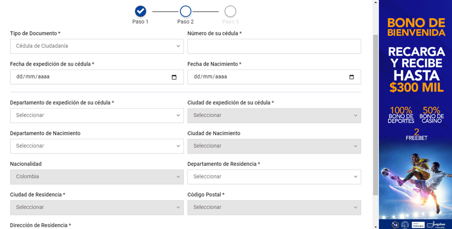 Segunda parte del formulario de registro