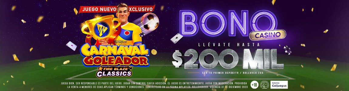 Un banner que presenta el bono para casino de Wplay por hasta 200 mil COP