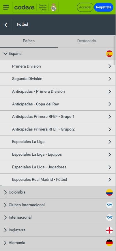 Apuestas deportivas de la Codere app para iOS