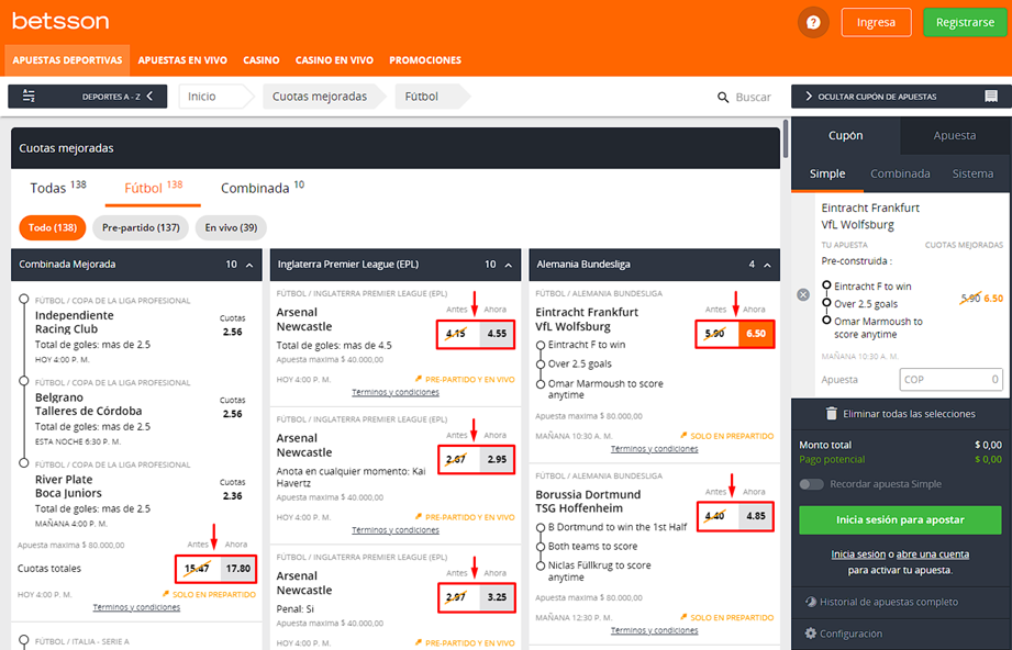 Cuotas mejoradas de Colbet y Betsson