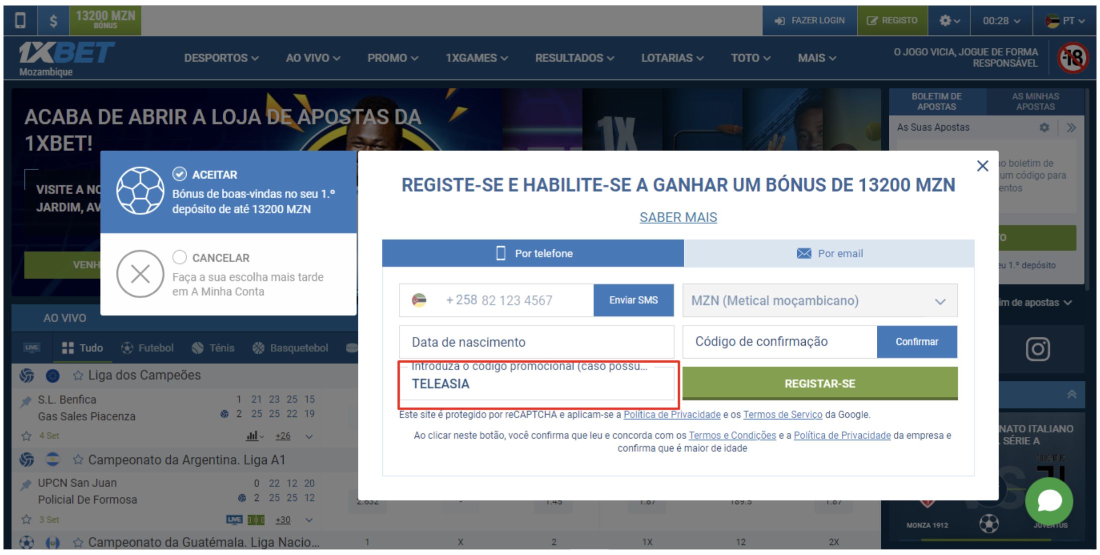 Registo com código promocional na 1xBet