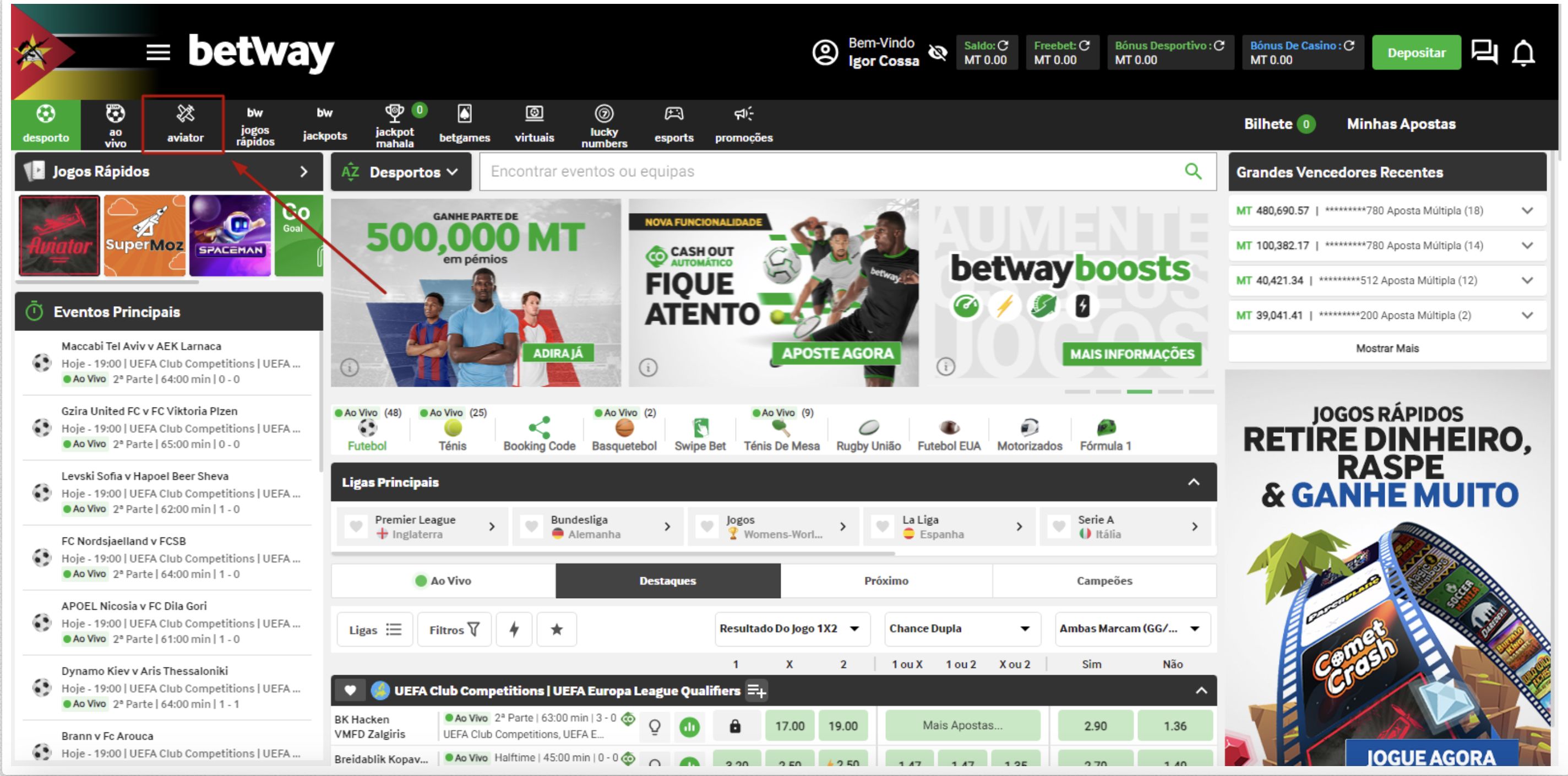 Captura de ecrã na página inicial da Betway