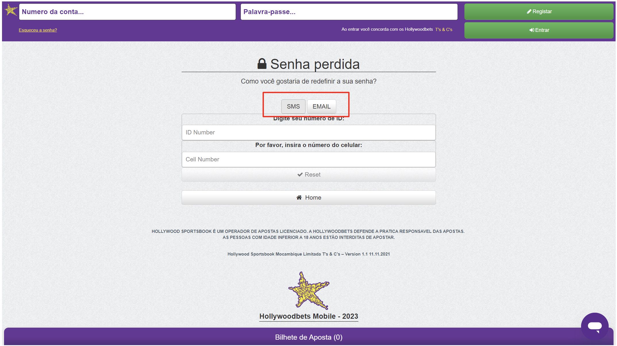 Página de Recuperação de palavra passe da Hollywoodbets versão desktop