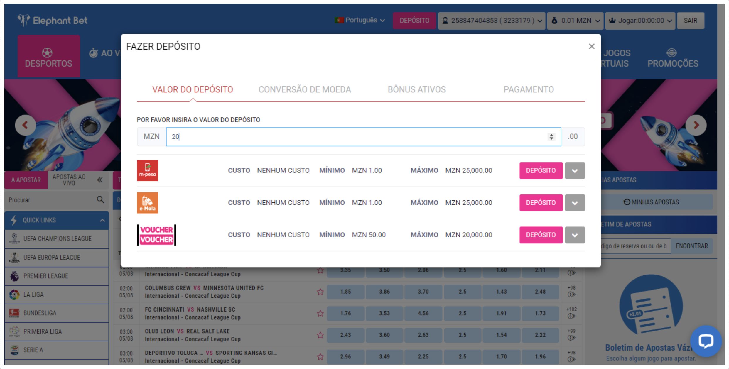 Página de métodos de depósito da Elephant Bet