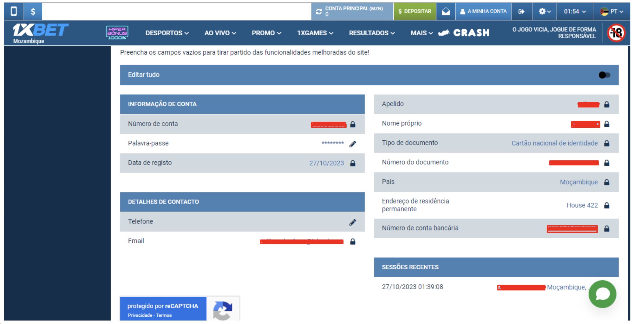 Dados pessoais na conta 1xBet