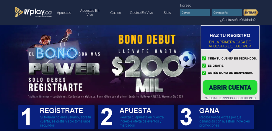 Bono Debut de hasta $200.000 COP de Wplay.co