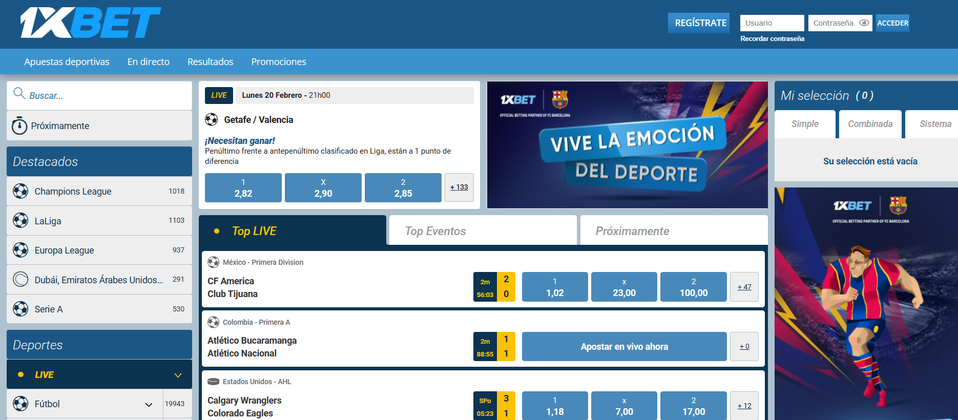 la página principal de 1xbet web