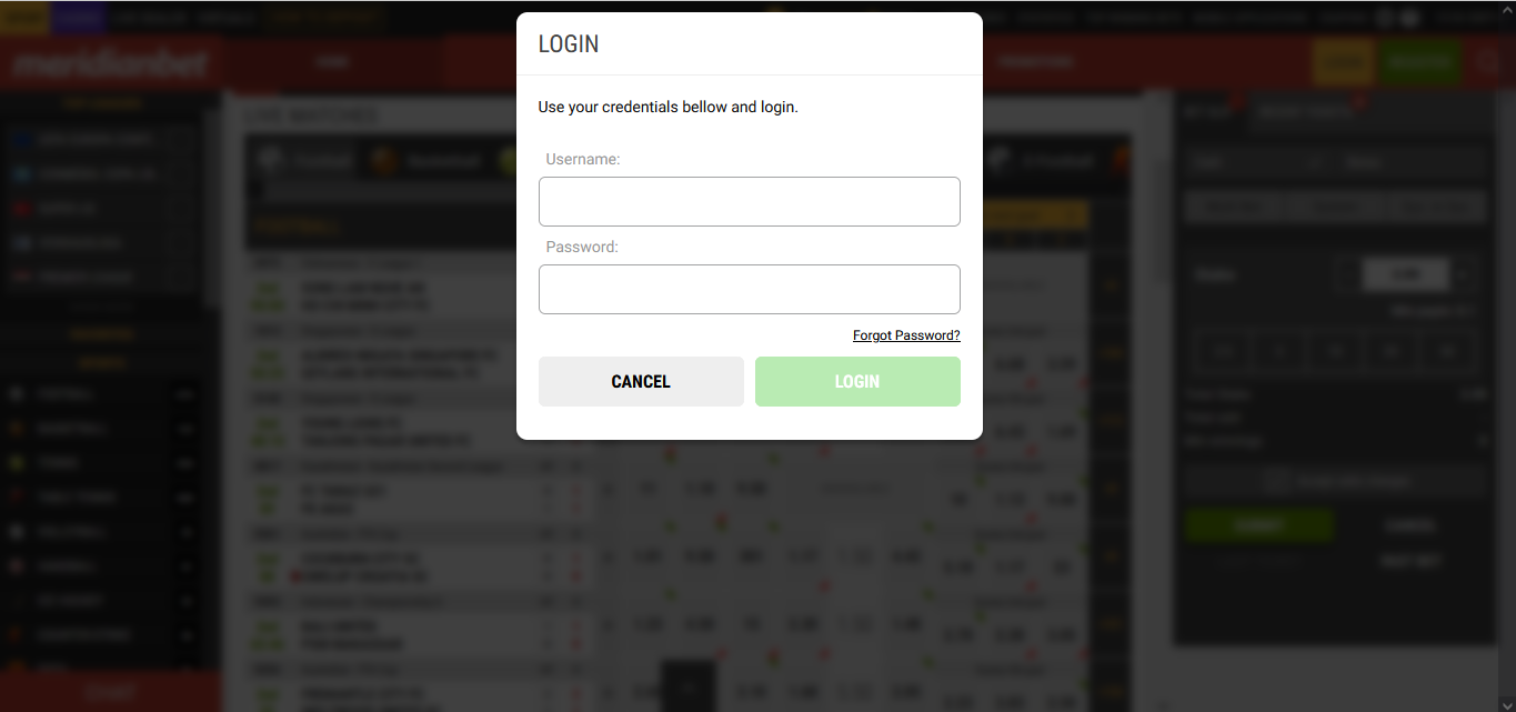 Image of Meridianbet login form