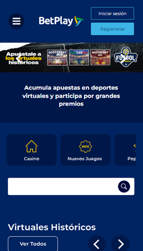 Se muestra la sección de casino, casino en vivo y póker