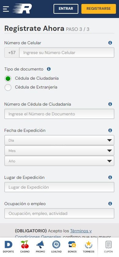 Formulario de registro de Rushbet Colombia