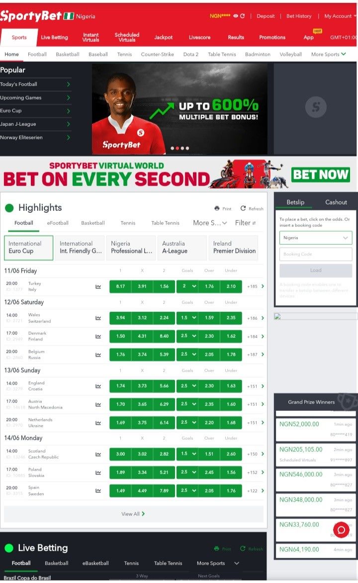 Sportybet Homepage with deposit