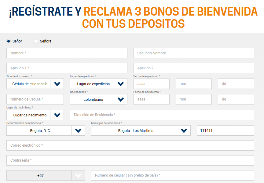 Muestra una pantalla de registro donde el usuario ingresa correo electrónico, elige una contraseña e indica el país y la moneda