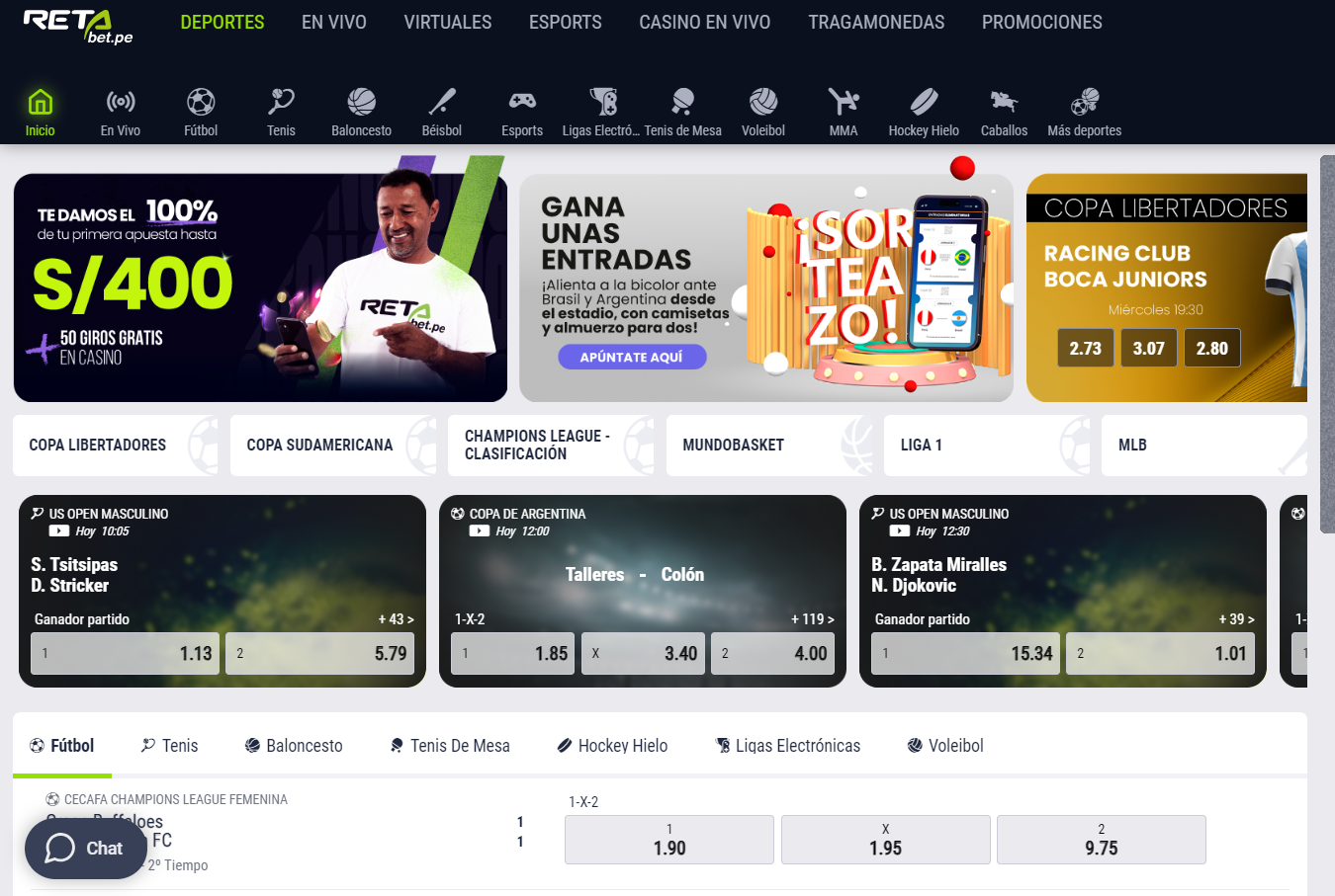 Imagen del sitio web retabet peru con sus categorías de deportes, eventos y mercados