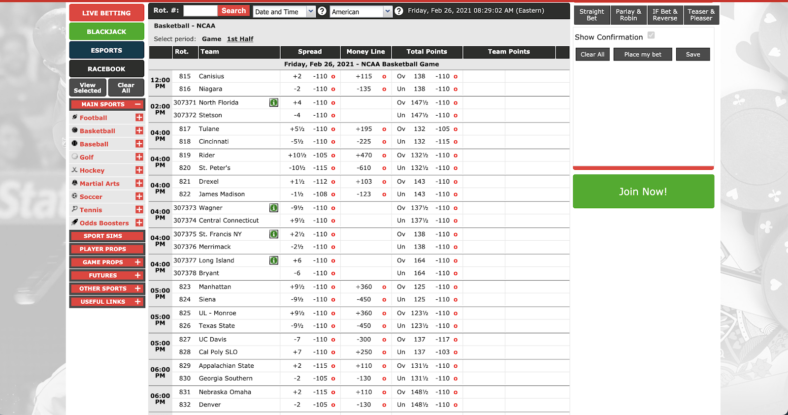 An image of BetOnline lines and betting market page