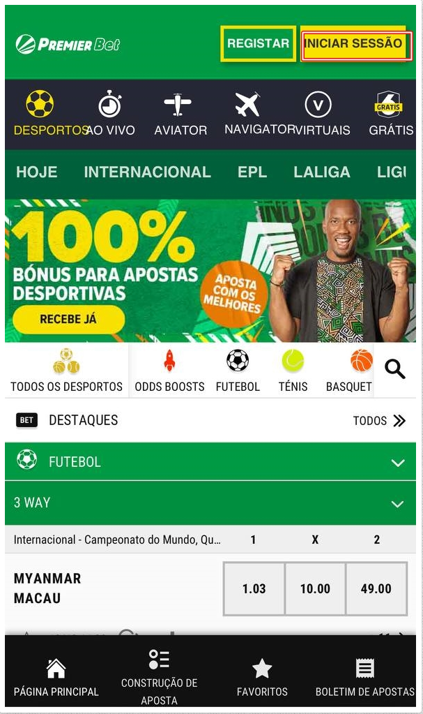 Página inicial da Premier Bet Moçambique