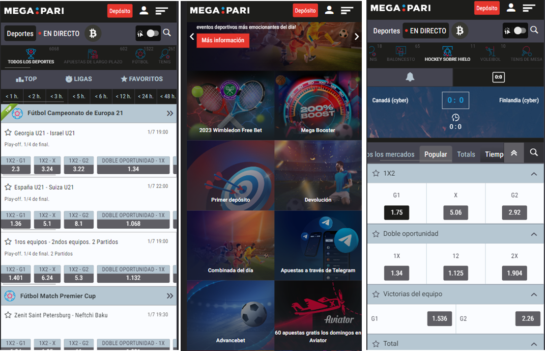 Tres screenshots de megapari  app para android