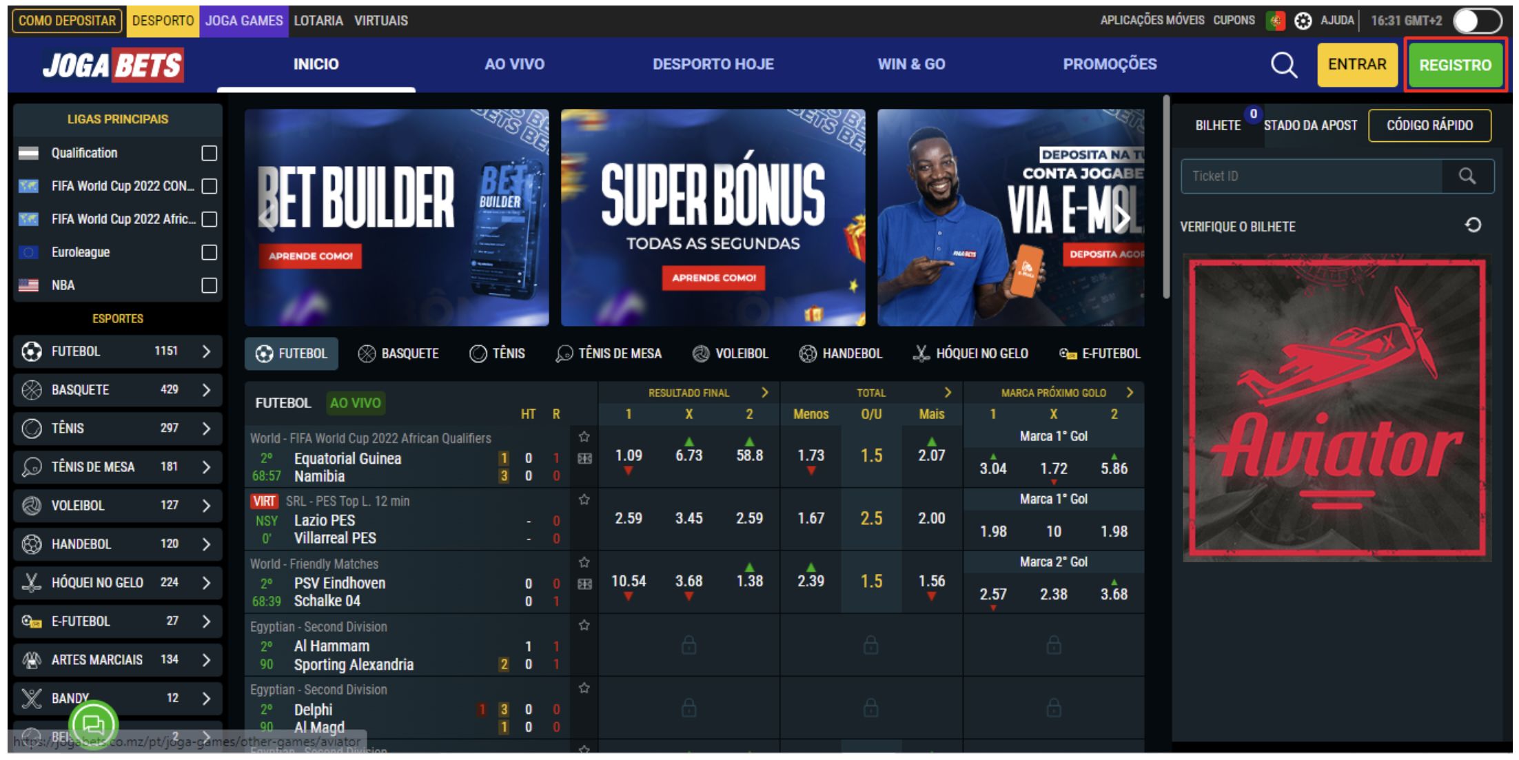 Página inicial do site oficial da JogaBets