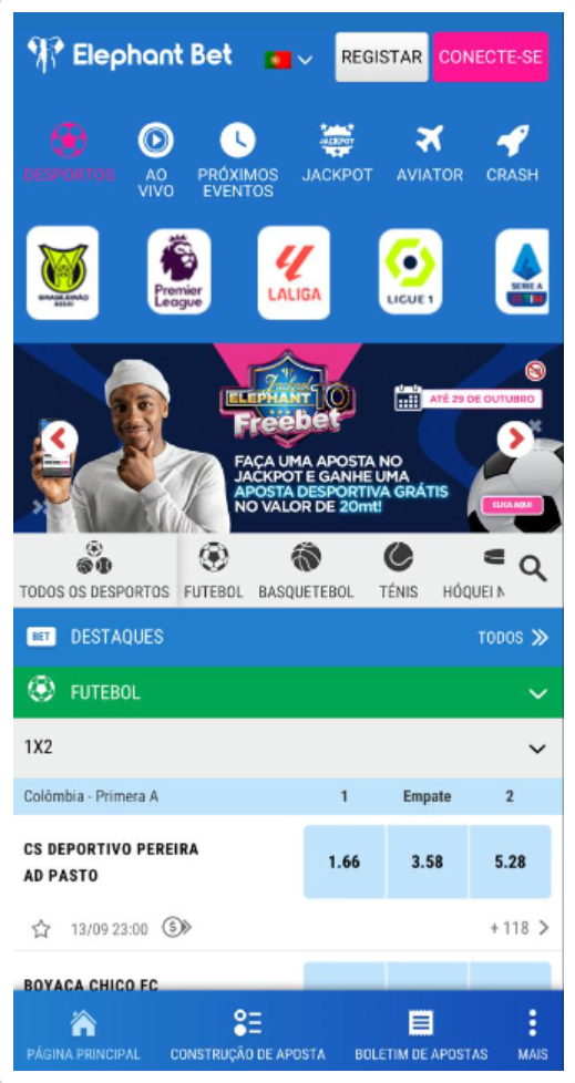 Página inicial da aplicação da Elephant Bet Moçambique
