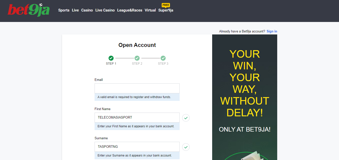 Image of Bet9ja Register Account