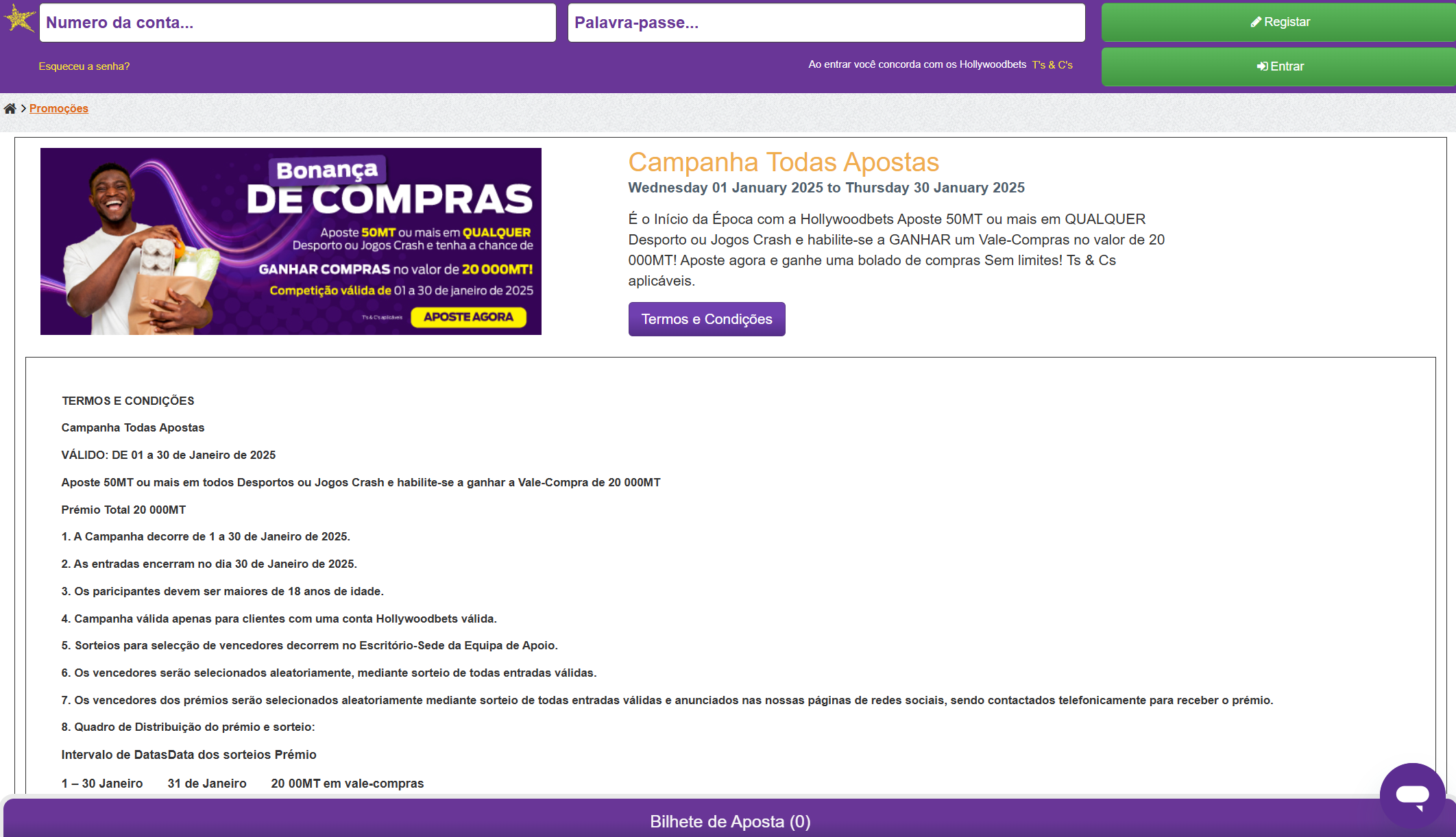 Oferta promocional da Hollywoodbets Moçambique
