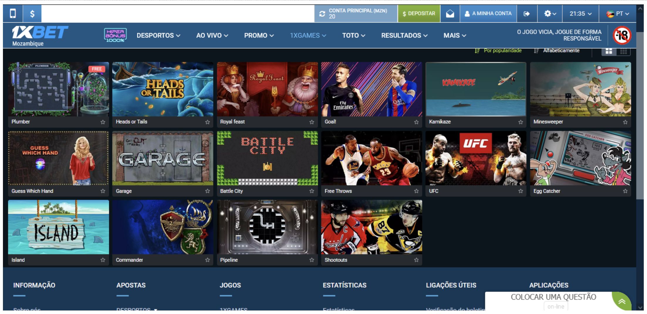 1xBet versão de Desktop