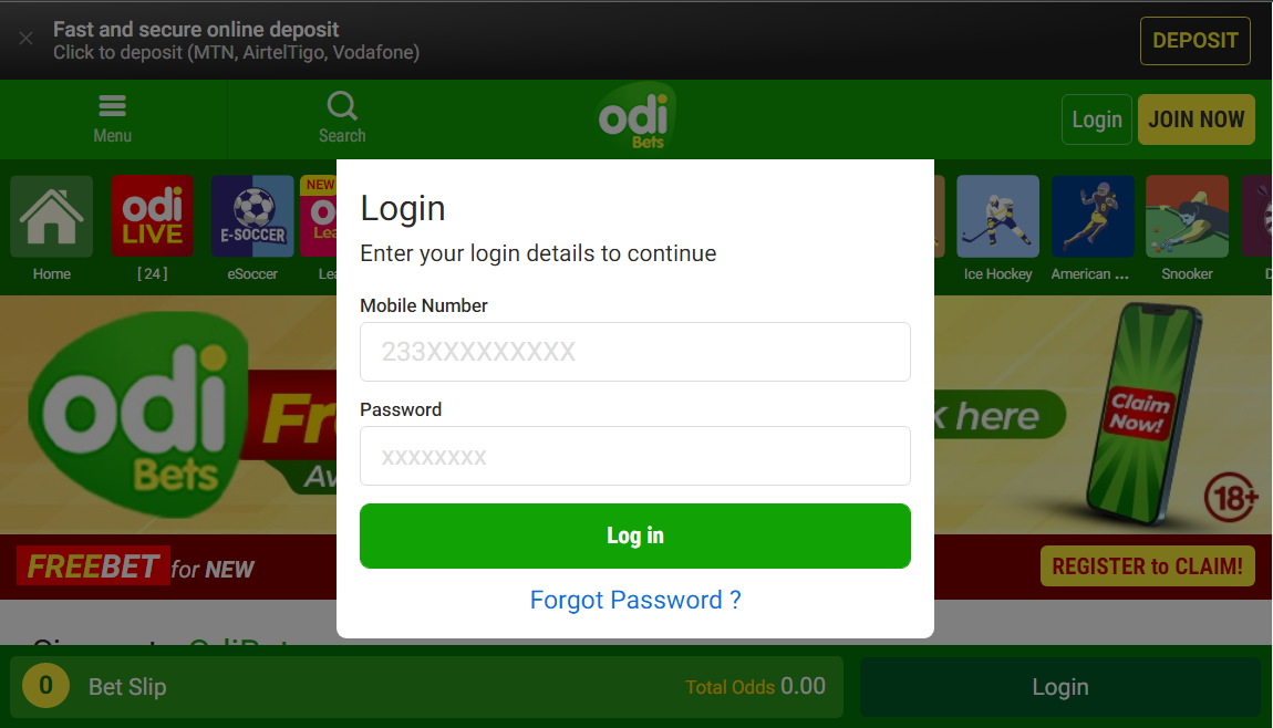 An image of the Odibets Ghana log in page