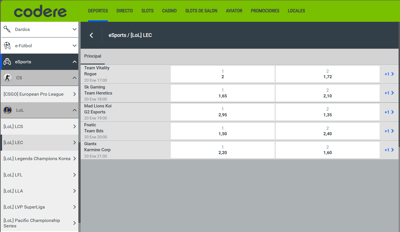 sección de apuestas de esports de codere