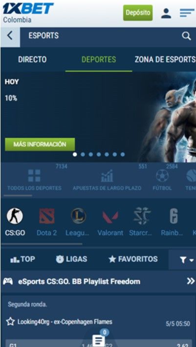 Se muestra la sección de deportes, deportes en vivo y los e-sports