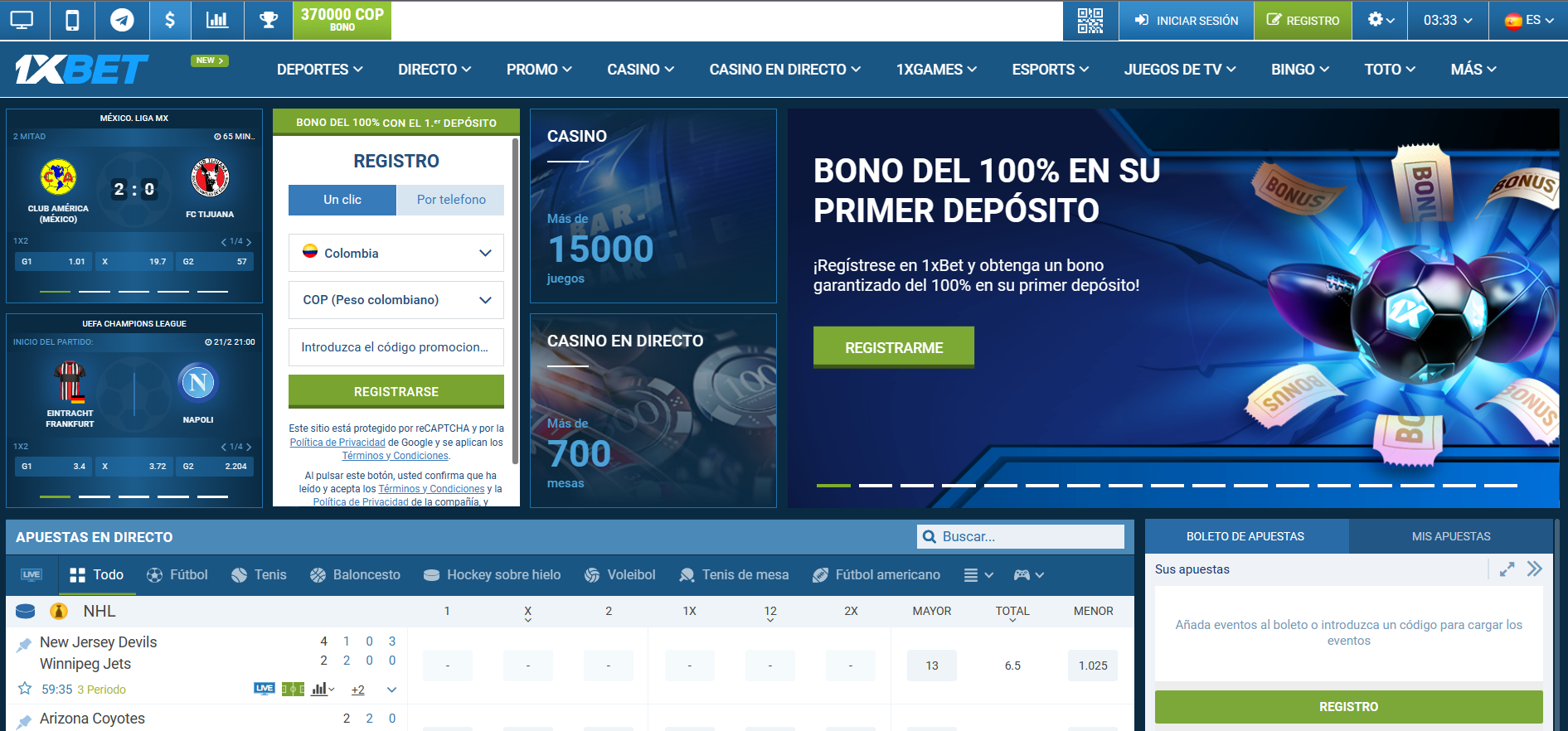 la página principal de 1xbet web colombia