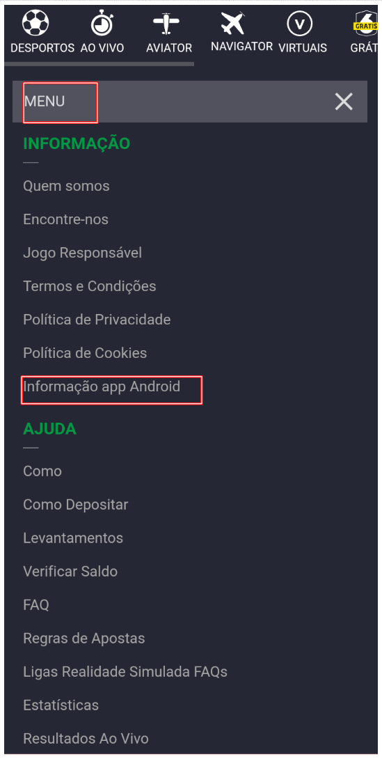 Menu da página inicial da Premier Bet