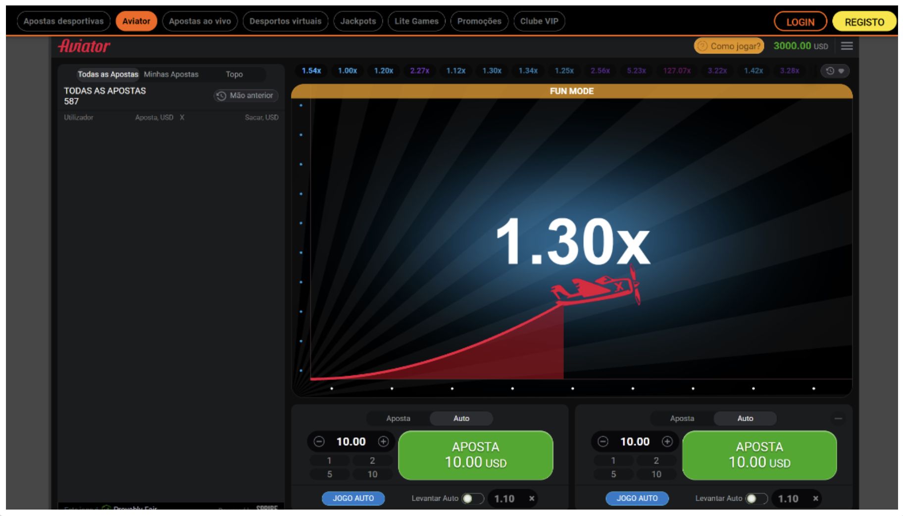 Auto aposta na versão desktop do Aviator na 888Bets