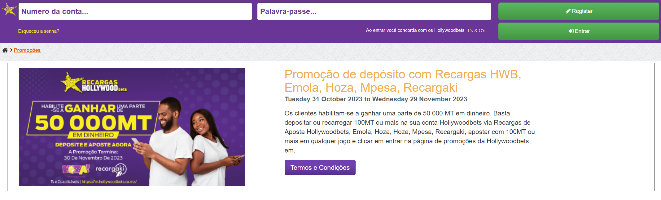 Página de bónus na Hollywoodbets