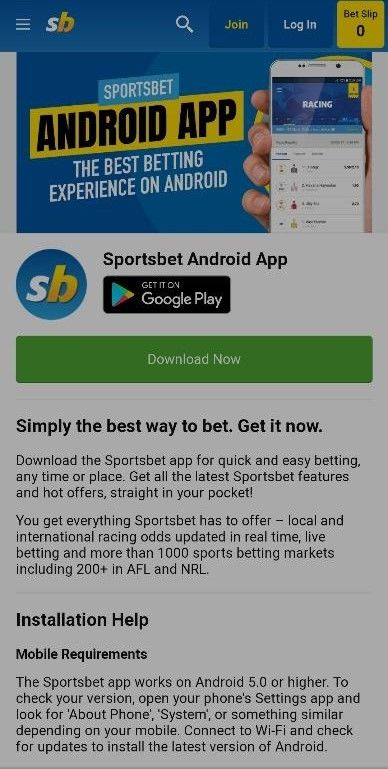 Homepage of Sportsbet Android app