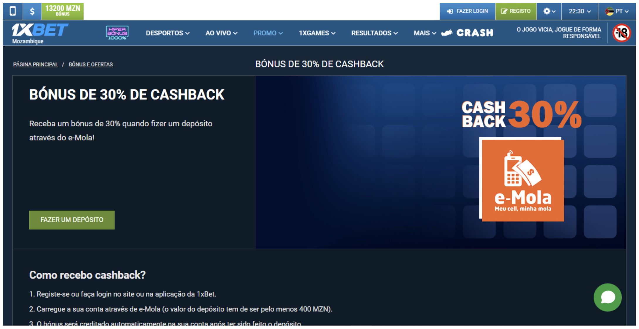 Bónus de cashback da 1xBet online