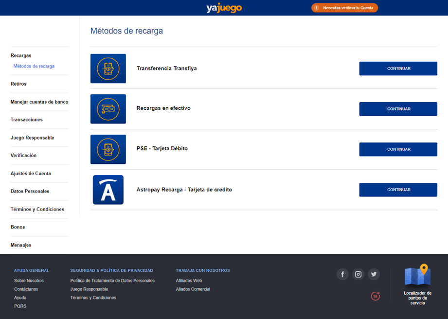 Opciones para recargar saldo en Yajuego