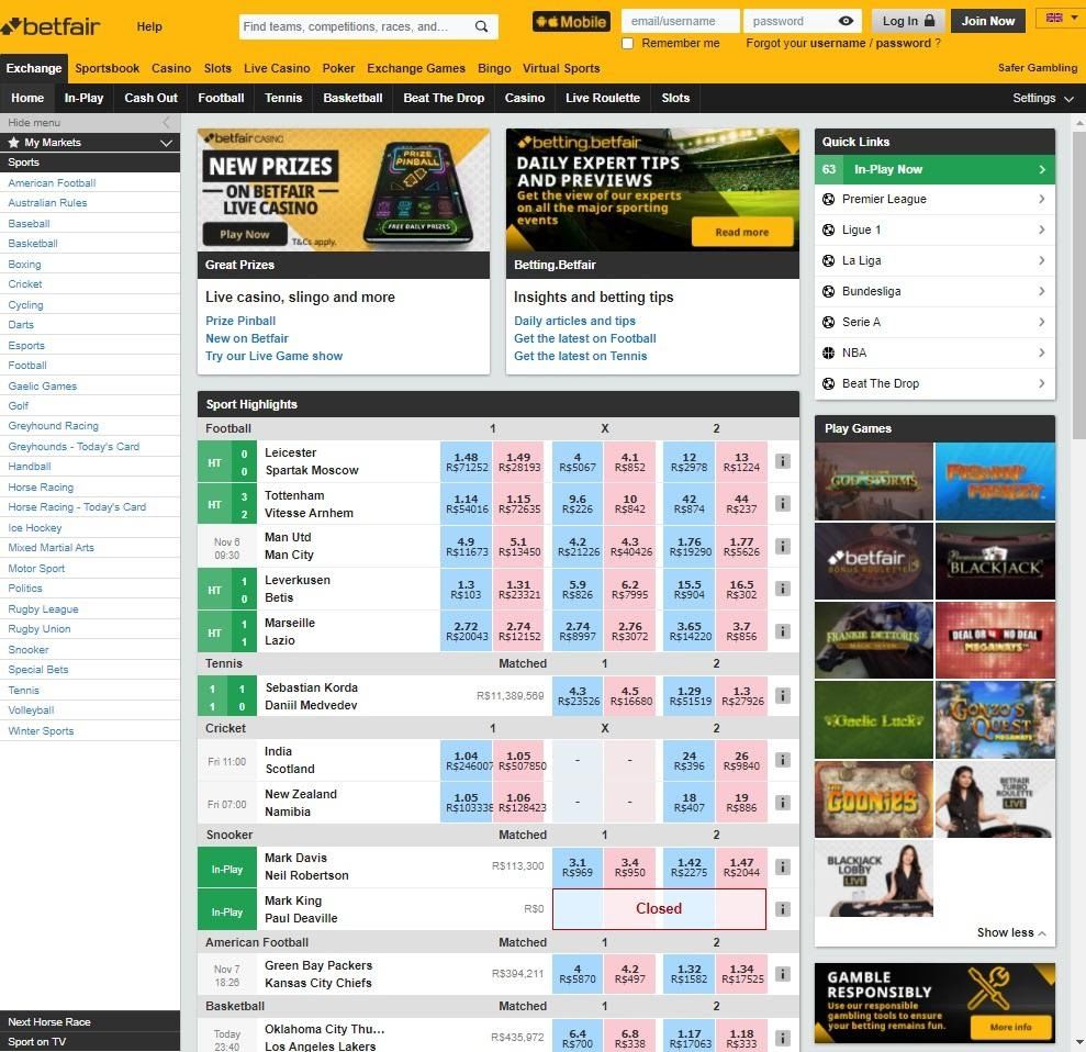 Screenshot of Betfair site