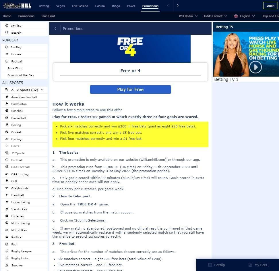 Screenshot of William Hill site