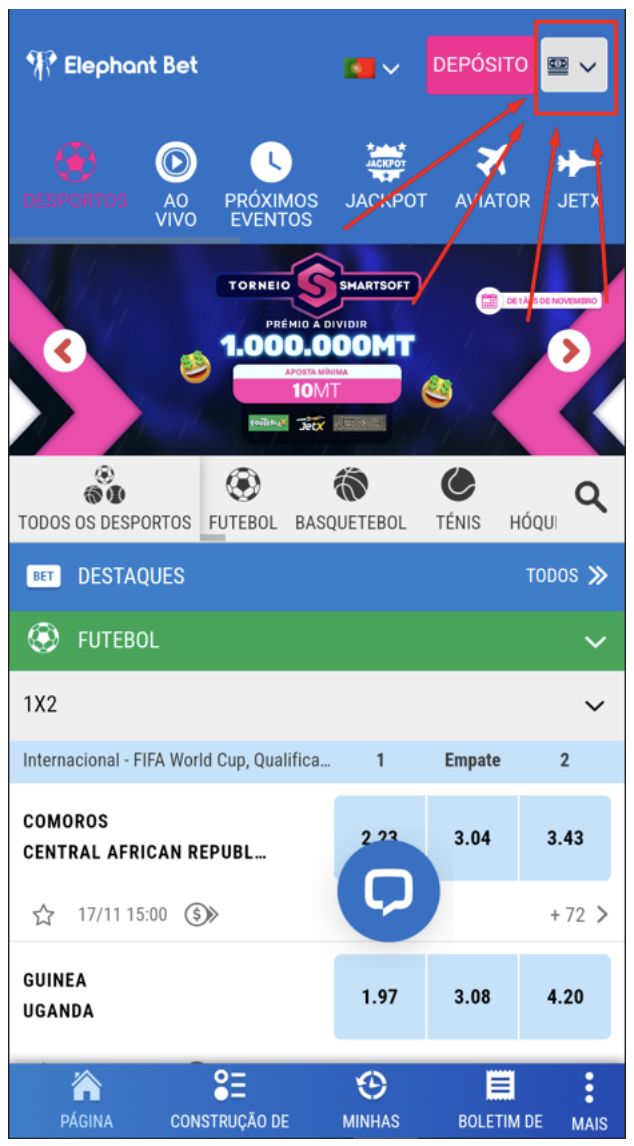 Levantamento na Elephant Bet, passo 1