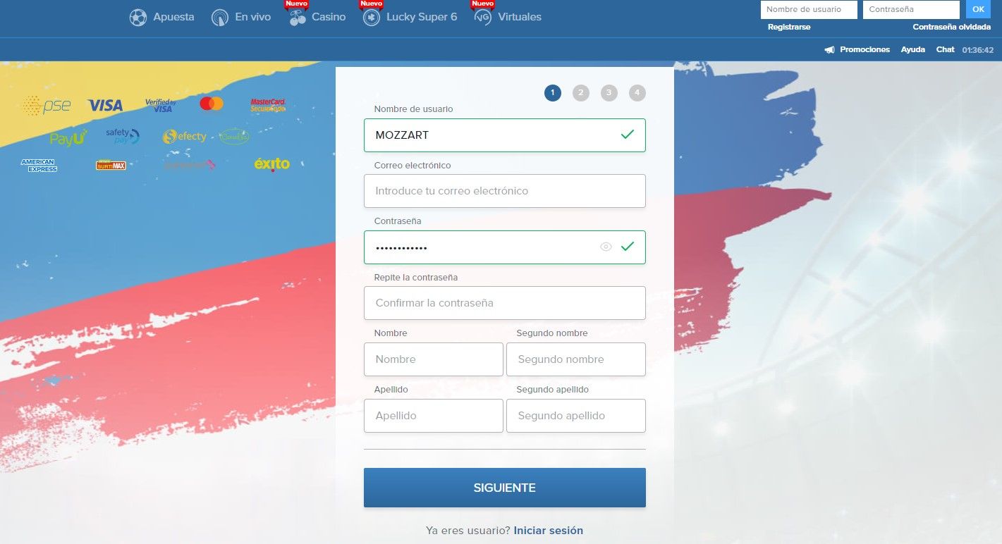 Paso inicial de registro en Mozzartbet