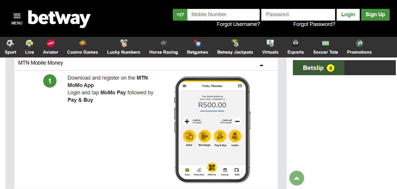 Betway South Africa MTN Mobile Money Deposit