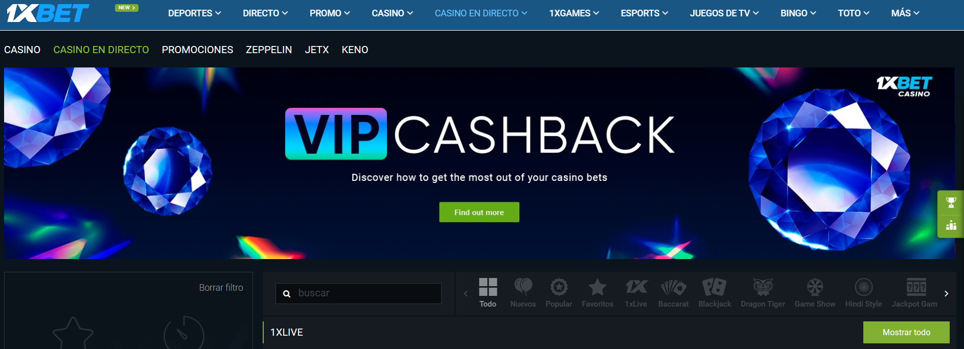 la página de casino de 1xbet web