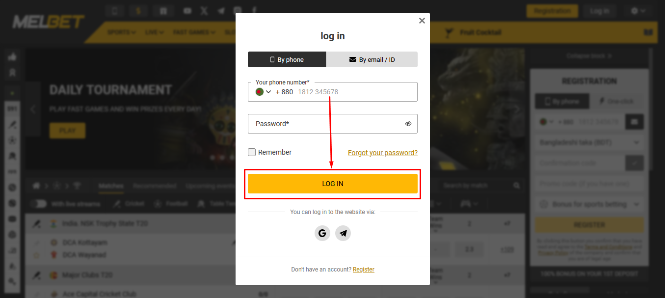 Melbet login form