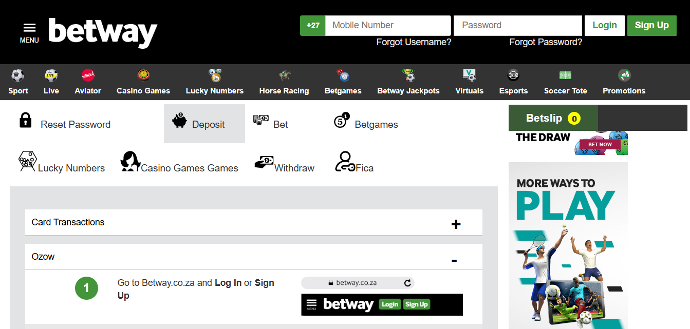 Betway South Africa OZOW Deposit