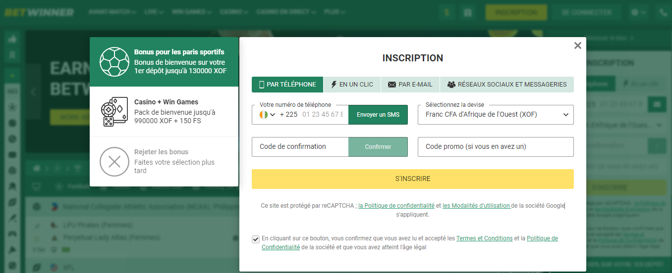 confirmer les Conditions générales et la politique de confidentialité du bookmaker et que vous avez atteint l'âge légal.