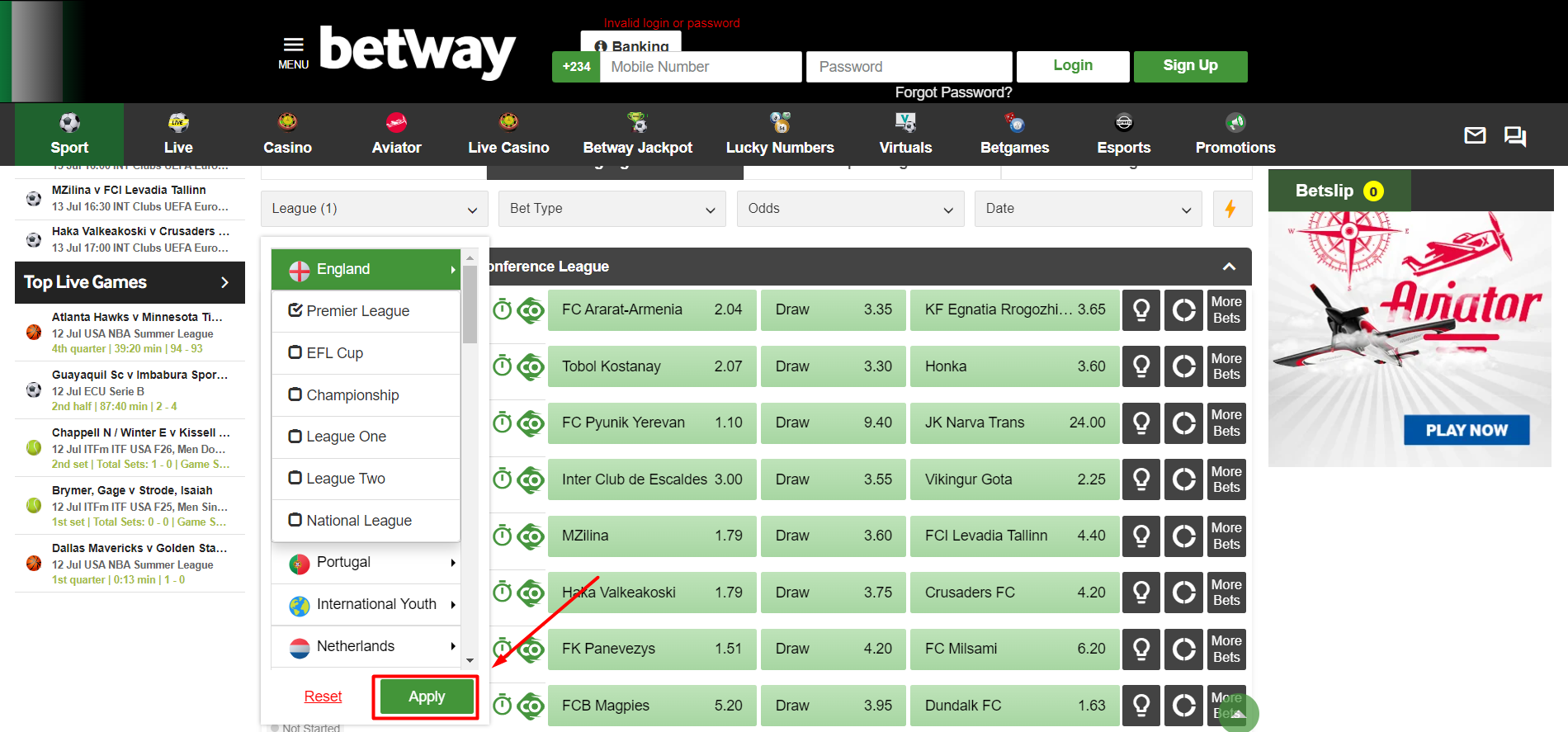 Find league in Betway