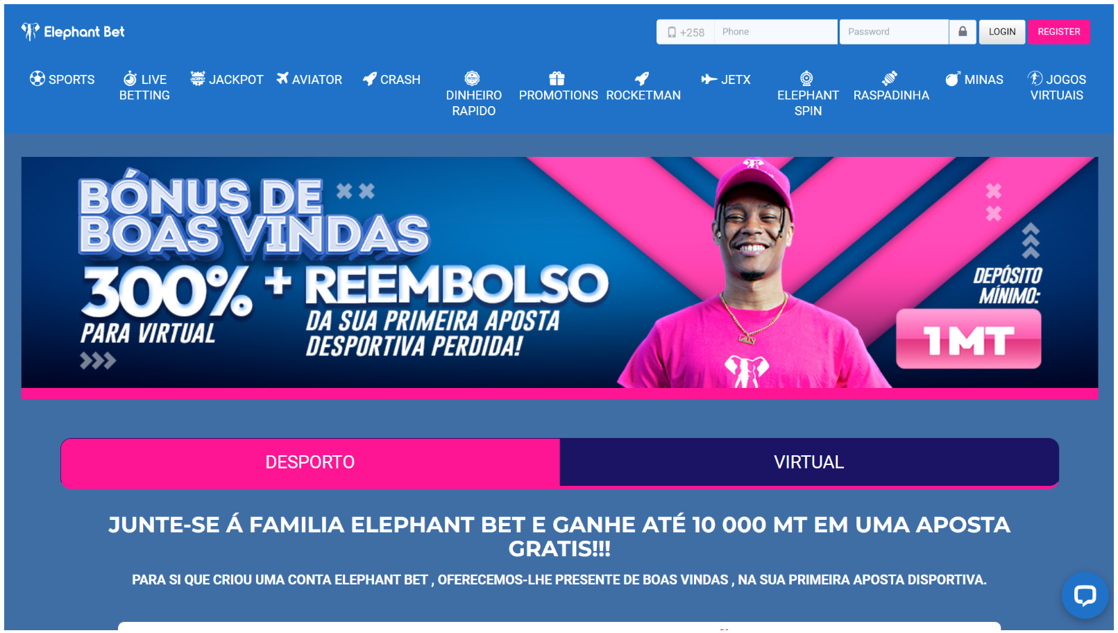 Página de bónus na Elephant Bet