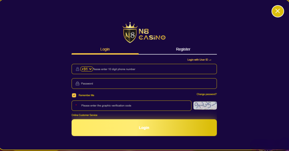 Login Page on N8 Casino