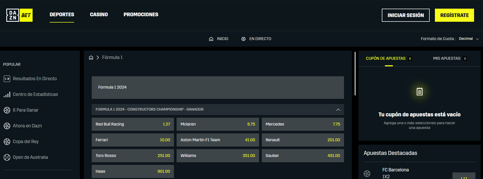 sección de apuestas de F1 en DAZN Bet