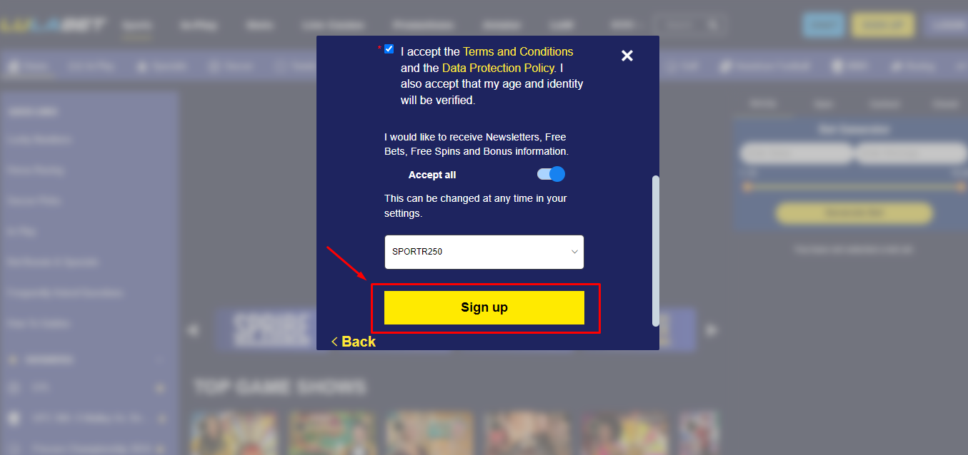 An image of the Lulabet sign-up form